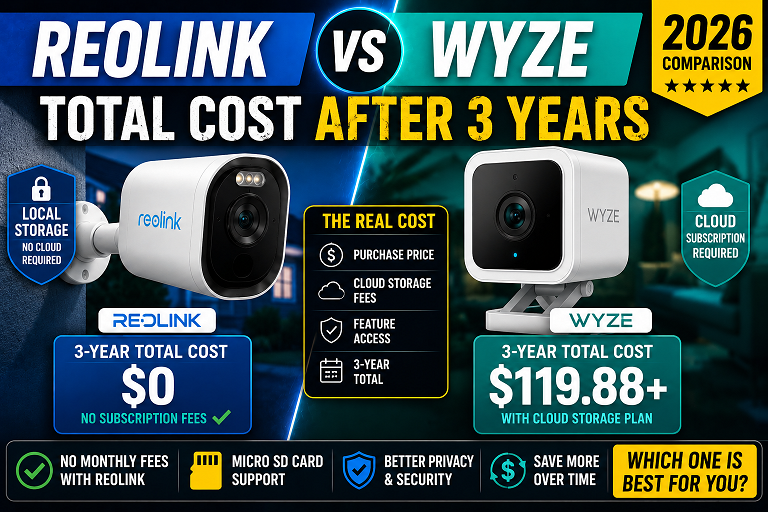 Reolink vs Wyze 2026 — 3-year cost comparison showing subscription fees, camera prices, and total ownership cost for Wyze Cam v4 vs Reolink Argus 4 Pro