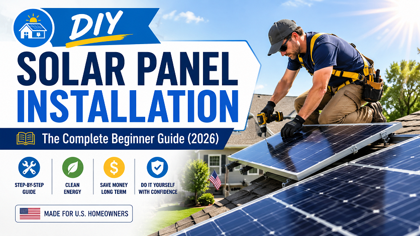 DIY solar panel installation guide 2026 — step-by-step roof mounting showing racking system, lag bolts into rafters, panel placement, and inverter wiring for US homeowners