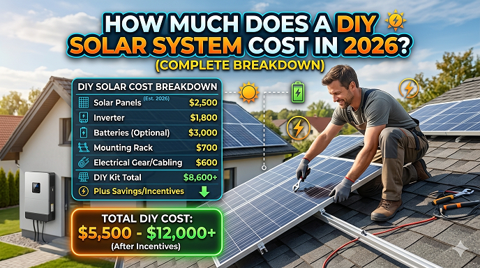 DIY solar system cost breakdown 2026 showing panels, inverter, racking, and wiring costs for a 7kW home system before and after 30% federal tax credit