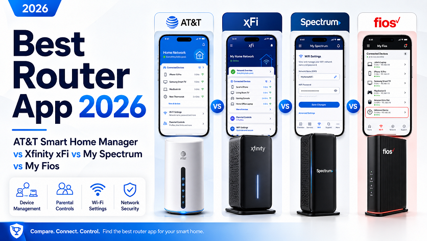 Side-by-side comparison of AT&T Smart Home Manager, Xfinity xFi, My Spectrum, and My Fios app icons on a smartphone home screen