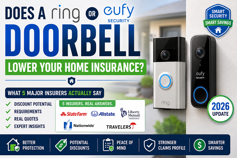 Ring Video Doorbell Pro installed on front door next to homeowners insurance policy document showing discount 2026