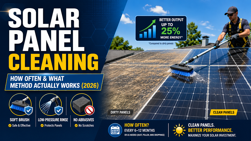 Solar panel cleaning method 2026 — soft brush extension pole, frequency by climate