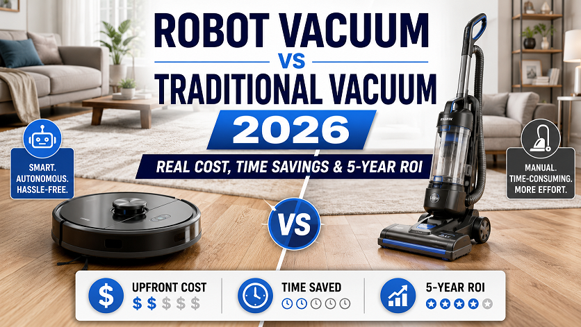 Side-by-side comparison of Roborock robot vacuum and traditional Shark upright vacuum with cost and time savings data 2026