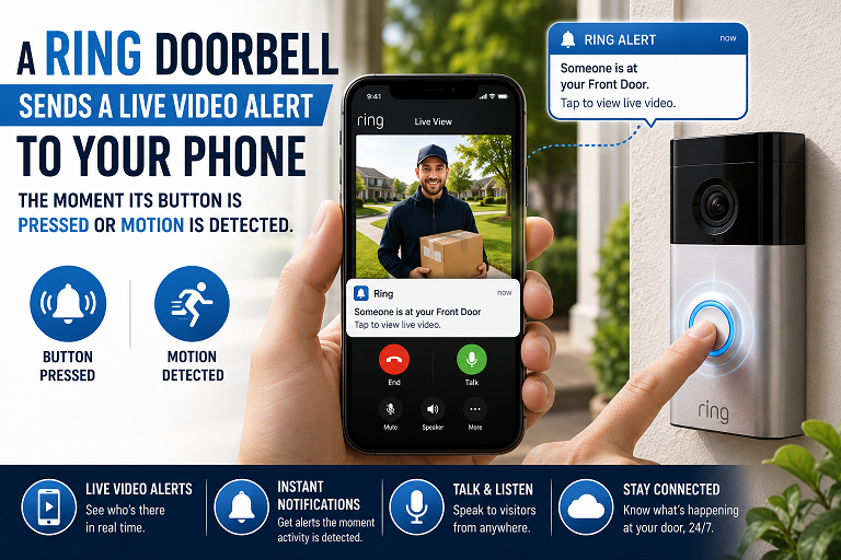 Ring-style video doorbell mounted next to a front door showing live video connection to a smartphone
