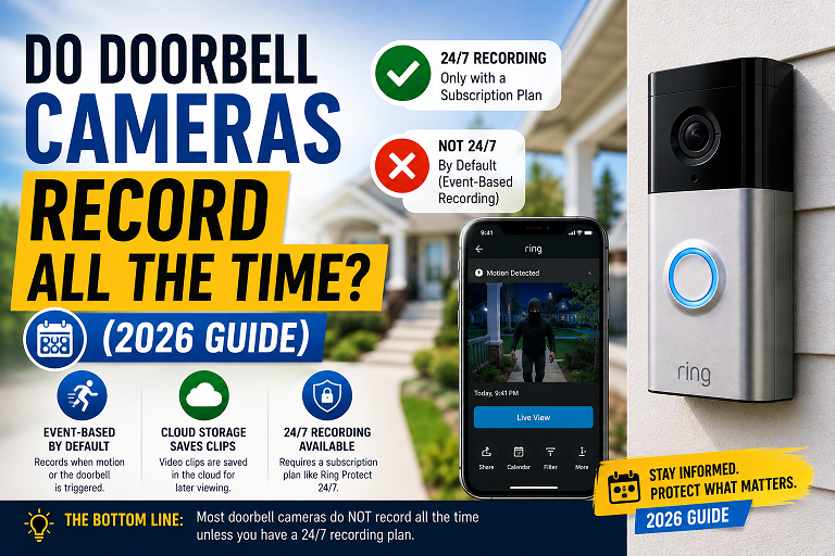 Smart doorbell camera on a front porch, illustrating the difference between motion-triggered and continuous recording