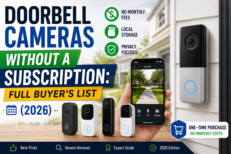 Row of smart doorbell camera models compared side by side, representing subscription-free buying options
