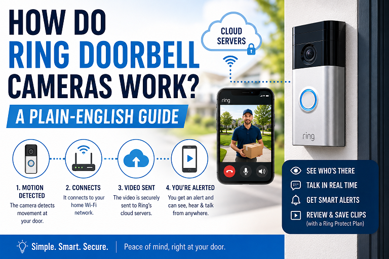 Ring-style video doorbell mounted next to a front door showing live video connection to a smartphone