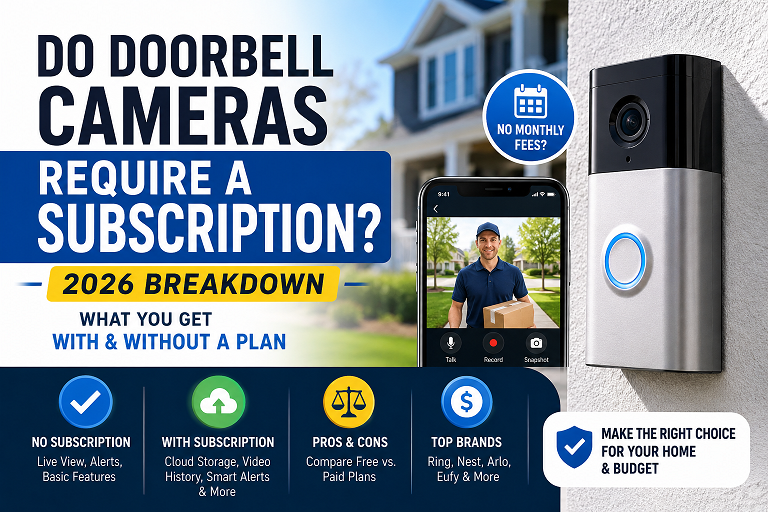 Modern smart video doorbell mounted beside a front door, representing subscription-free home security options